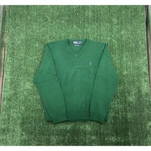 Polo Ralph Lauren Sweater Mens Size XL Green 100% Lambs Wool Knit V Neck